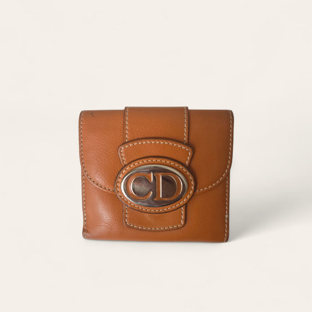 Authentic Christian Dior CD Logo Orange Leather Wallet
